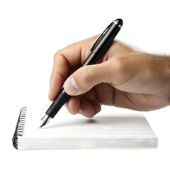 Hand holding a pen about to write on a notebook isolated on white background