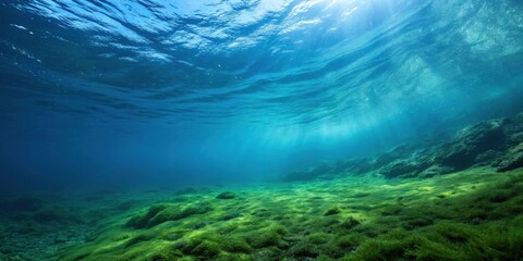 Underwater View of a Lush Seabed with Sunlight Filtering Through the Surface