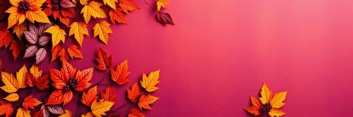 Dry orange metallic leaves arranged in a beautiful pattern on a vibrant violet background, vivid, artistic, background