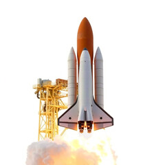 Fototapeta premium Space shuttle launch with smoke and flames, isolated on white background, high detail PNG transparent.