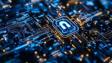 A digital circuit board featuring a padlock symbol, representing cybersecurity and protection.
