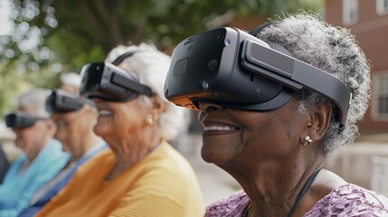 Seniors Enjoying Virtual Reality Technology in Outdoor Setting