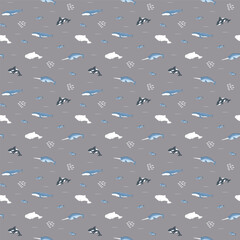 Polar sea animals seamless pattern. Cute Cartoon arctic animals, marine animals and fish, background. Vector Illustration.