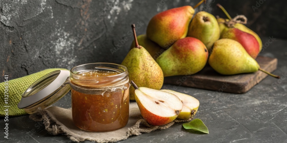 Poster a rustic jar of pear jam sits on a burlap napkin surrounded by ripe pears, showcasing the vibrant co