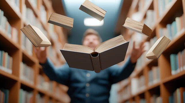 person in library is surrounded by flying books, creating magical atmosphere of knowledge and imagination. scene captures essence of reading and exploration - Powered by Adobe