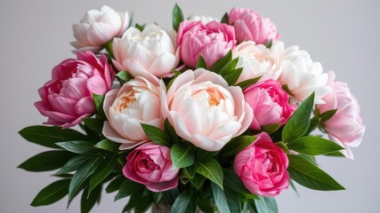 Fresh bunch of pink peonies and roses with copy space on white background, nature, bouquet, pink