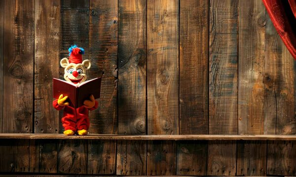Cute puppet on stage holding book amidst wooden backdrop