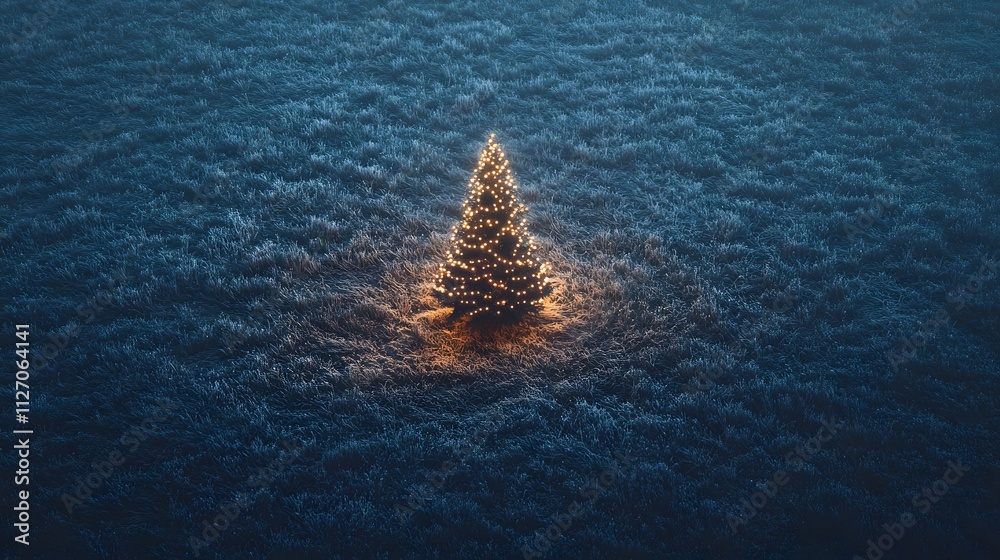 Poster aerial view of a minimalist christmas tree with glowing lights in the center of a frosty field, crea