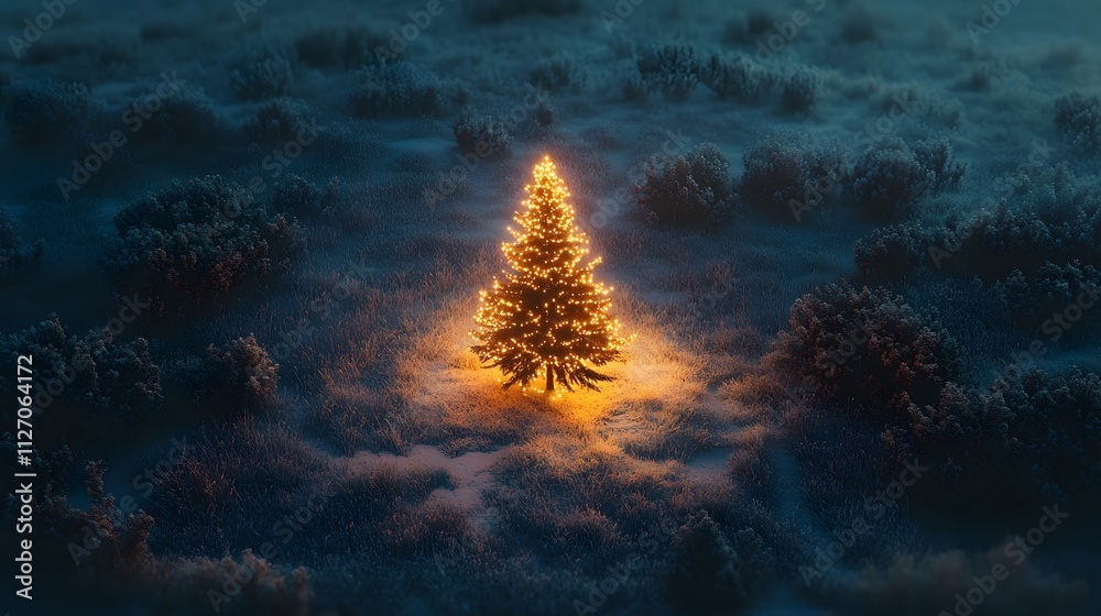 Poster aerial view of a minimalist christmas tree with glowing lights in the center of a frosty field, crea