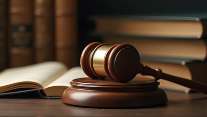 Obraz premium Justice: A gavel rests on a wooden block, symbolizing law, order, and the pursuit of fairness in a courtroom setting. Books and documents nearby add to the legal atmosphere.