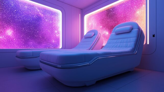 Natural Wellness for Mindfulness and Longevity. A futuristic relaxation space with sleek white loungers and vibrant purple cosmic windows, creating a serene ambiance for rest.