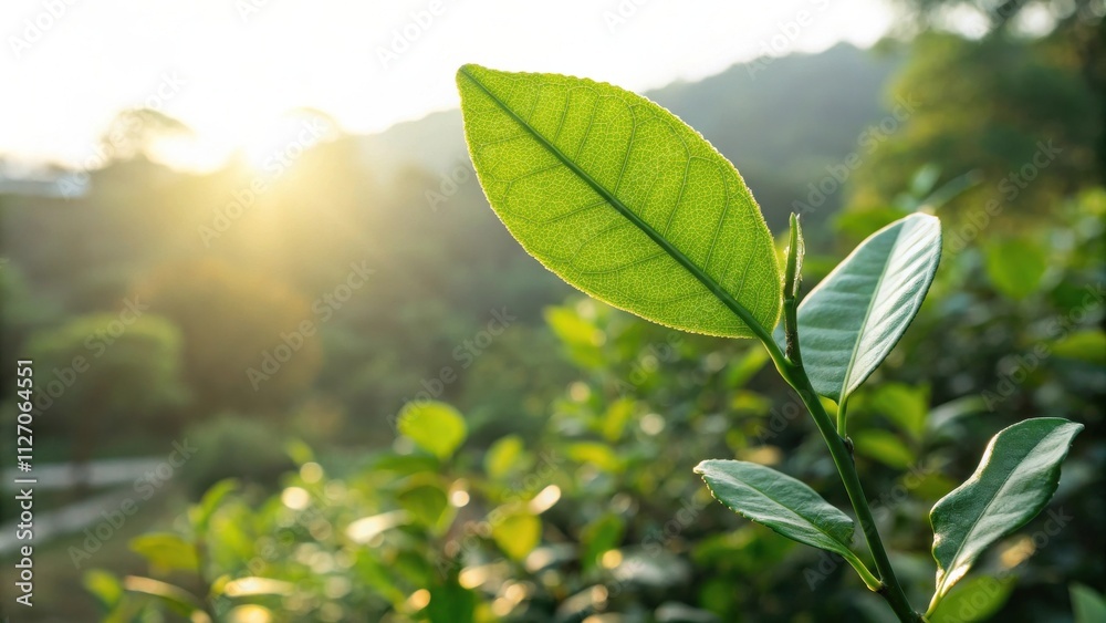 Poster a single green leaf backlit by the sun with a soft blurry background of lush greenery.