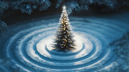 A clean and modern Christmas tree with silver tinsel, placed in an open park and surrounded by concentric snow tracks. Cinematic Scene 4k resolution, cinematic scene