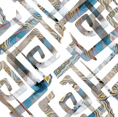 Abstract grunge urban geometric chaotic pattern with words, letters. Old aged newspaper, magazine texture paper background. Beige colorful bright horizontal collage.Mens Designer Shirting Fabrics