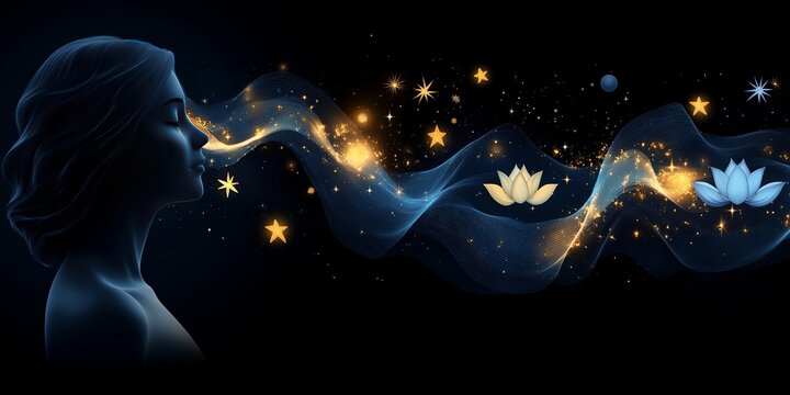 A vibrant illustration of a serene woman exhaling cosmic energy, with golden stars, lotus flowers, and glowing waves symbolizing harmony, mindfulness, and universal connection