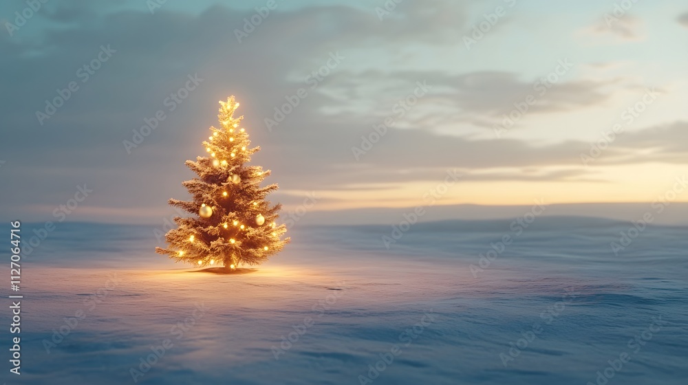 Poster High perspective view of a tiny Christmas tree with soft, glowing ornaments placed on a wide-open snowy plain. Cinematic Scene 4k resolution, cinematic scene