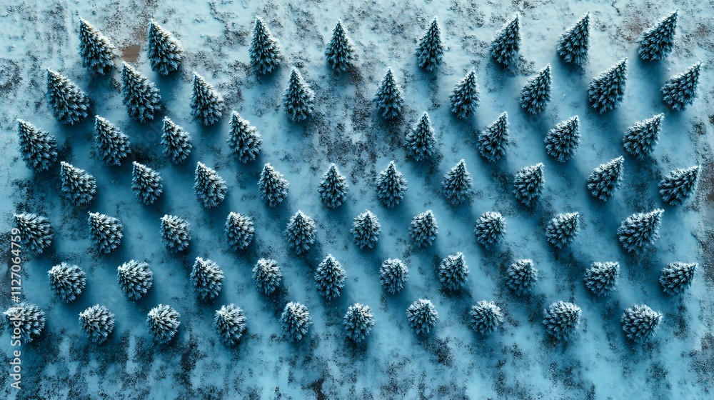 Poster a geometric arrangement of tiny christmas trees in a snowy grid pattern, viewed from above. cinemati