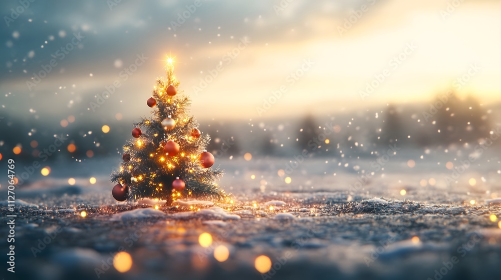 Poster High perspective view of a tiny Christmas tree with soft, glowing ornaments placed on a wide-open snowy plain. Cinematic Scene 4k resolution, cinematic scene