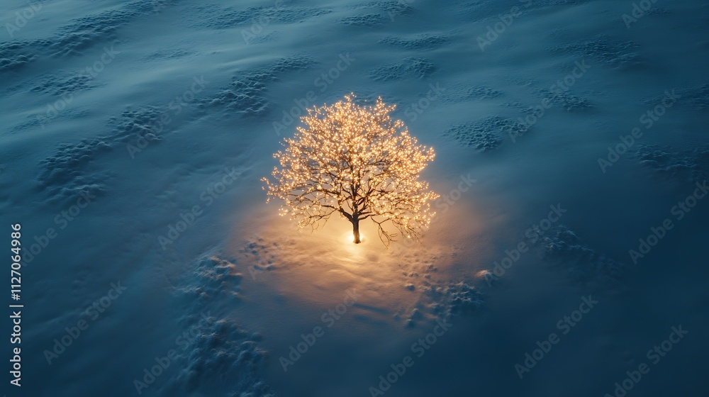 Poster a small, delicate tree with glowing lights surrounded by natural snow patterns, captured from a dron