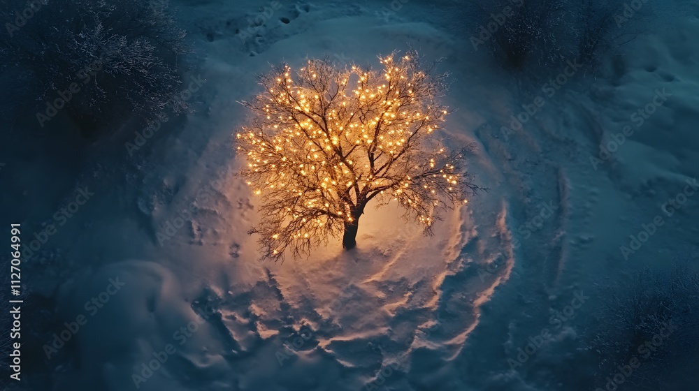 Poster a small, delicate tree with glowing lights surrounded by natural snow patterns, captured from a dron