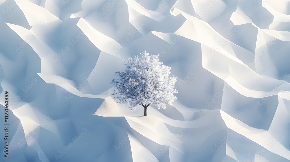 Poster A clean, modern tree surrounded by angular snow formations, viewed from a high perspective for a minimalist aesthetic. Cinematic Scene 4k resolution, cinematic scene