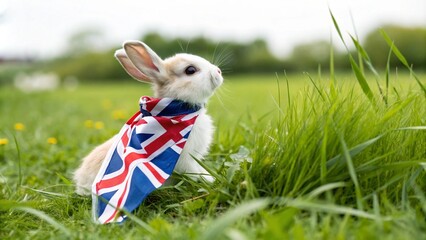 Britannia Petite cute rabbit wearing the uk flag on green grass