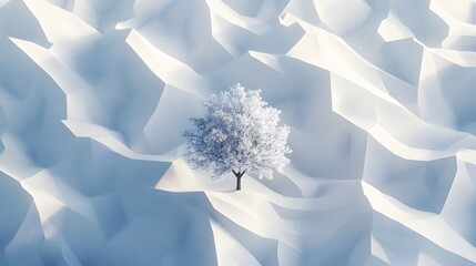 A clean, modern tree surrounded by angular snow formations, viewed from a high perspective for a minimalist aesthetic. Cinematic Scene 4k resolution, cinematic scene
