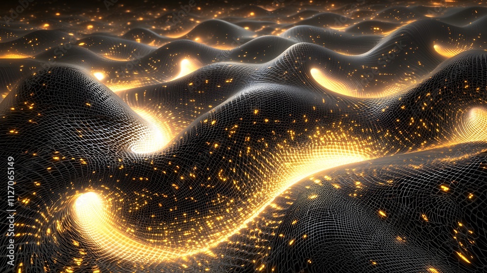Aufkleber Abstract flowing waves blending seamlessly into a grid of glowing nodes.