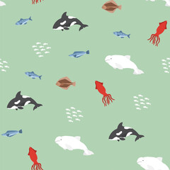 Polar sea animals seamless pattern. Cute Cartoon arctic animals, marine animals and fish, background. Vector Illustration.