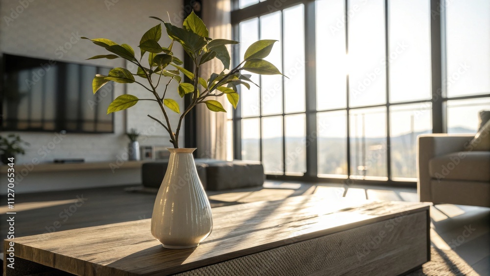 Poster a white vase filled with green leaves sits on a wooden table in front of a large window overlooking 