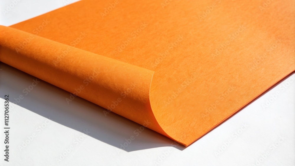 Poster a single orange sheet of paper curled up at the edge, casting a shadow on a white surface