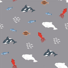 Fototapeta premium Polar sea animals seamless pattern. Cute Cartoon arctic animals, marine animals and fish, background. Vector Illustration.