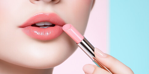 Close up of woman lips with pink lipstick, showcasing beauty and elegance. soft colors create fresh and vibrant look, perfect for makeup enthusiasts