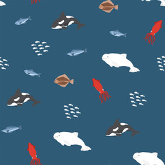 Polar sea animals seamless pattern. Cute Cartoon arctic animals, marine animals and fish, background. Vector Illustration.
