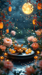 Lunar new year product display podium mockup, presentation space, moonlit garden filled with traditional firecrackers, jade charms, gold ingots symbolizing fortune, Lunar New Year elegance and prosper