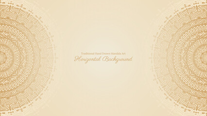 Traditional Hand Drawn Mandala Art with Intricate Detailed Circle Patterns on Clean Soft Gold And Beige Horizontal Background
