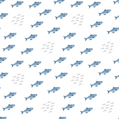 Cute fish seamless pattern. Cartoon salmon and sardines, background. Vector Illustration.