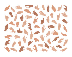 Human hand gestures with fingers in diversity. Arms show non-verbal elements of communication. Body language, various communicative symbols. Set of isolated vector illustrations