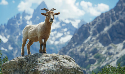 Mountain goat standing proudly on rocky outcrop alpine landscape wildlife photography clear skies nature's majesty