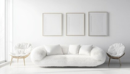 Minimalist White Living Room Interior Design Mockup with Fluffy Sofa Chairs