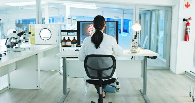 Woman, scientist and computer in lab with back, virus and medical research for pharmaceutical project. Person, pc and clinical study with process, drugs or reading with vaccine development for mpox