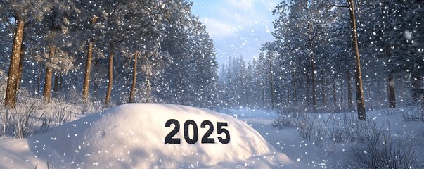 A gentle snowfall on a peaceful forest with 2025carved into a snowbank
