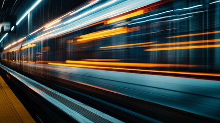 Fast moving train at night, blurred motion, lights, speed, travel.