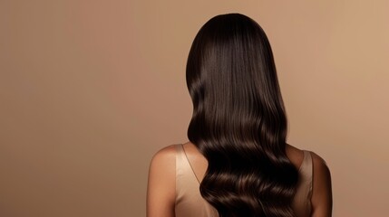 Studio scene featuring a woman with healthy, shiny hair, showcasing hair care products and cosmetics against a neutral background, emphasizing beauty and treatment