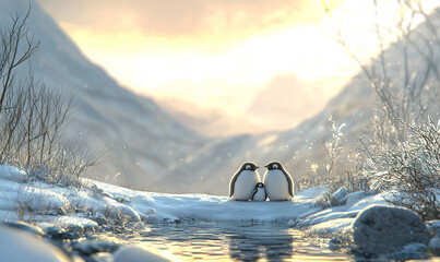 Two penguins are nestled close together by a serene stream in a snowy landscape, surrounded by mountains under a soft, glowing sky.