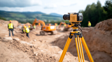 surveying instrument on tripod captures construction activity in landscape. Workers in safety gear operate machinery, showcasing busy construction site