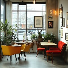 Fototapeta premium Stylish Cafe Interior Design With Plants And Artwork