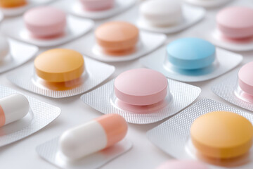 Colorful pills and tablet packaging arranged neatly on surface, showcasing various shapes and colors. vibrant hues create appealing visual display