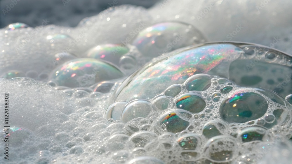 Fototapete Close-up view of iridescent soap bubbles in a sudsy white foam, creating a mesmerizing display of light reflection and texture