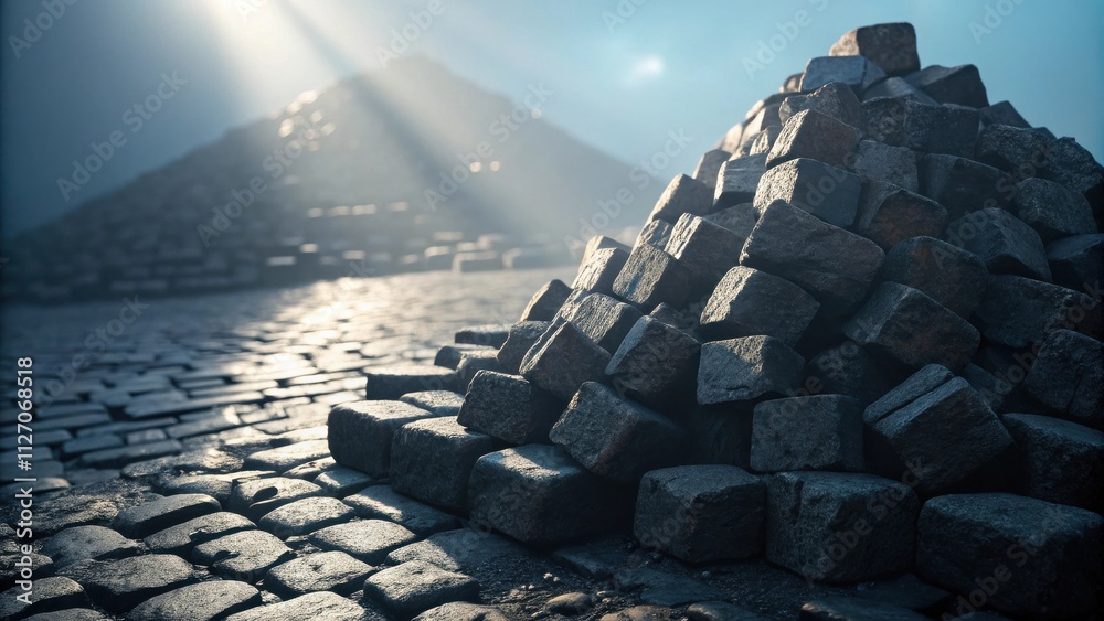 Aufkleber a pile of cobblestones sits on a cobblestone road, bathed in the soft light of dawn. the cobblestone